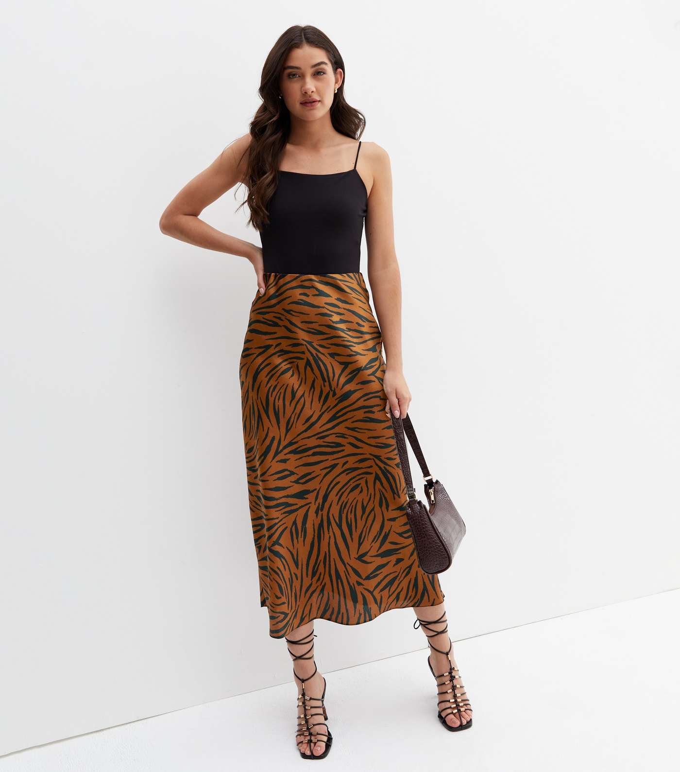 Brown Zebra Print Satin Bias Cut Midi Skirt