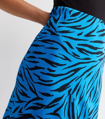 Blue Zebra Print Satin Bias Cut Midi Skirt New Look