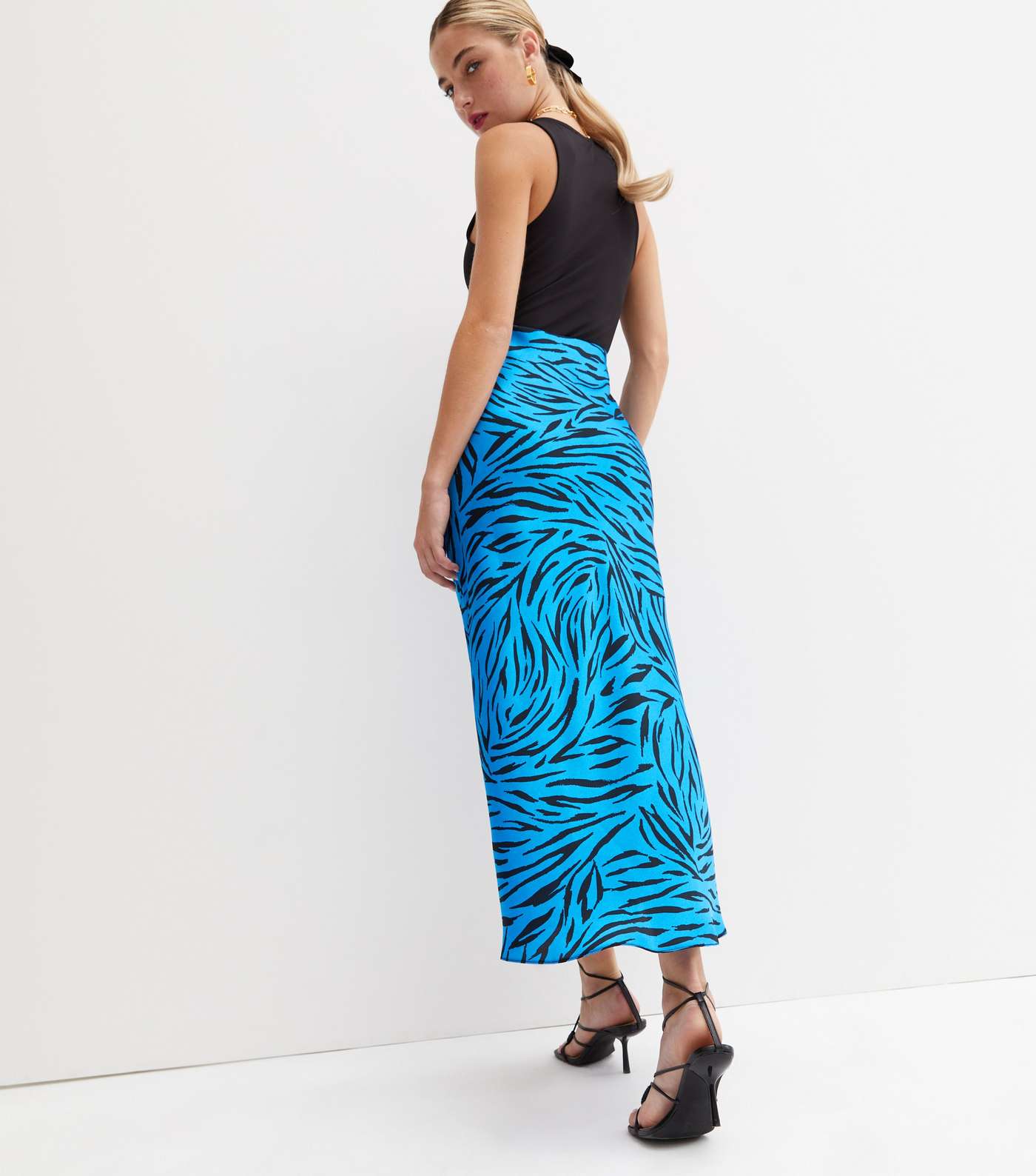 Blue Zebra Print Satin Bias Cut Midi Skirt Image 4