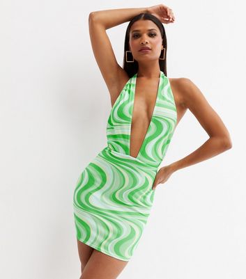 Green Swirl Mini Halter Dress 