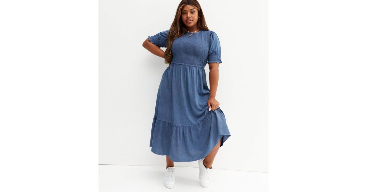 Curves Blue Denim Short Puff Sleeve Midi Smock Dress New Look