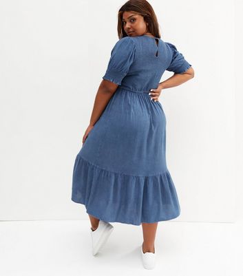 denim puff sleeve midi dress