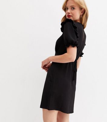Black Frill Short Puff Sleeve Mini Dress New Look