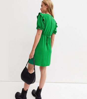 Green Frill Short Puff Sleeve Mini Dress New Look