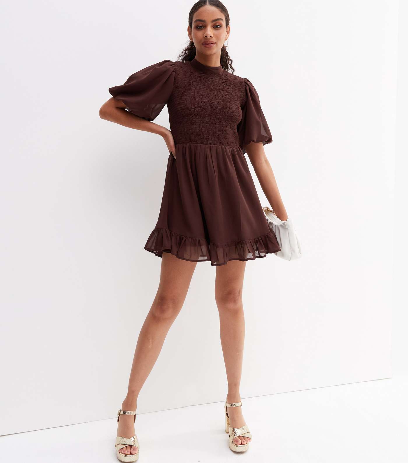 Dark Brown Shirred High Neck Short Puff Sleeve Frill Mini Dress Image 2