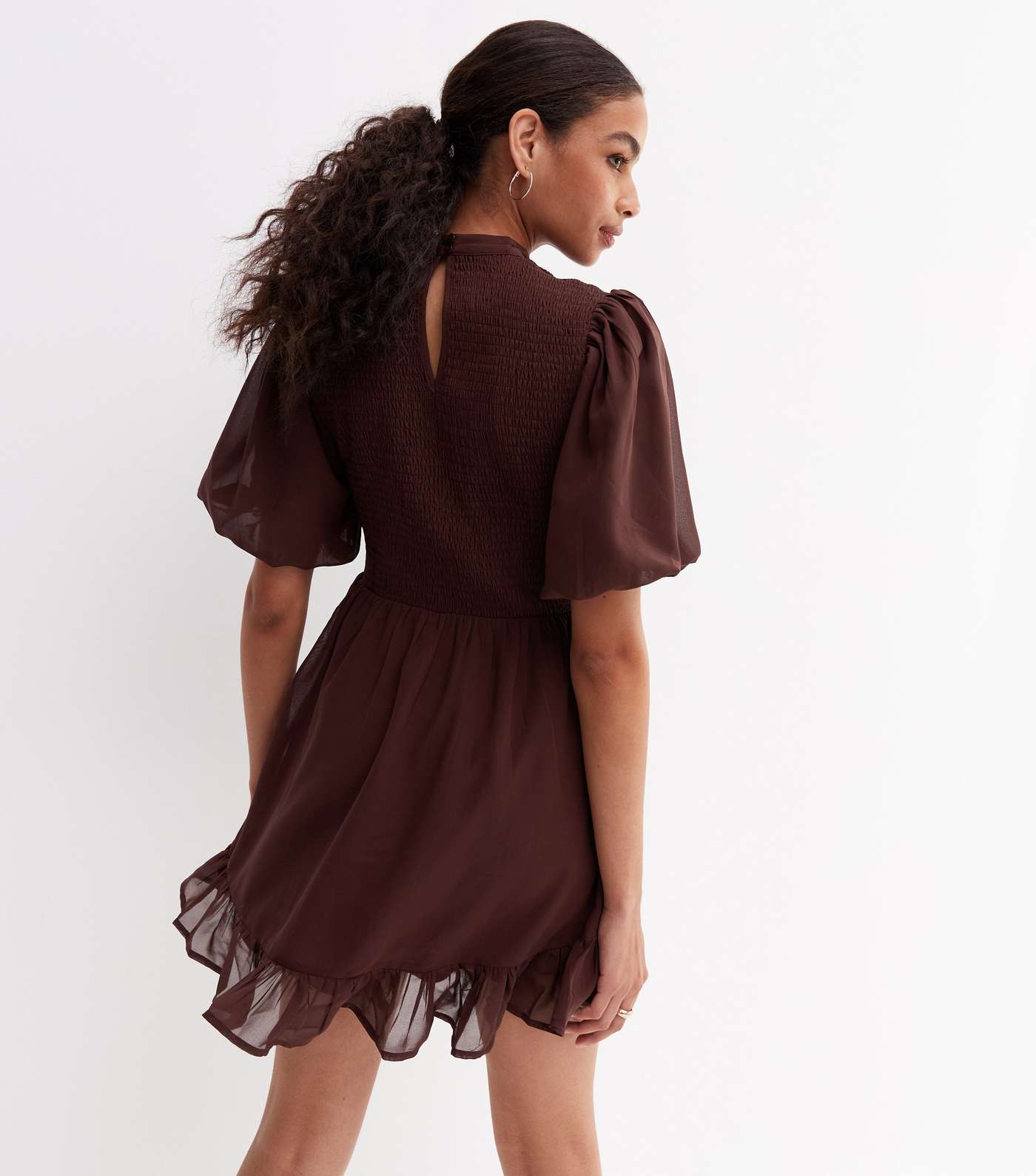 Dark Brown Shirred High Neck Short Puff Sleeve Frill Mini Dress Image 4
