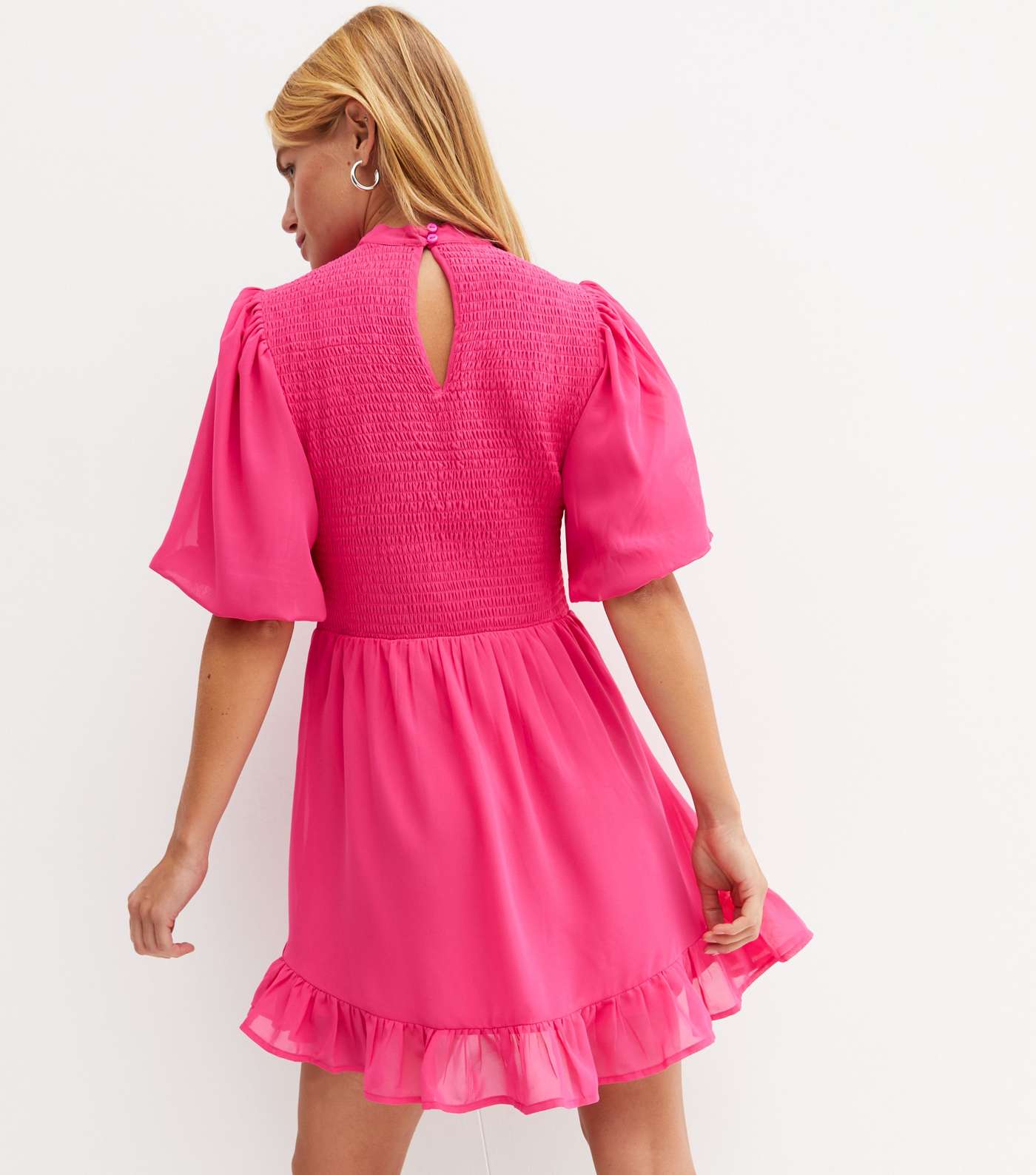 Bright Pink Shirred High Neck Short Puff Sleeve Frill Mini Dress Image 4