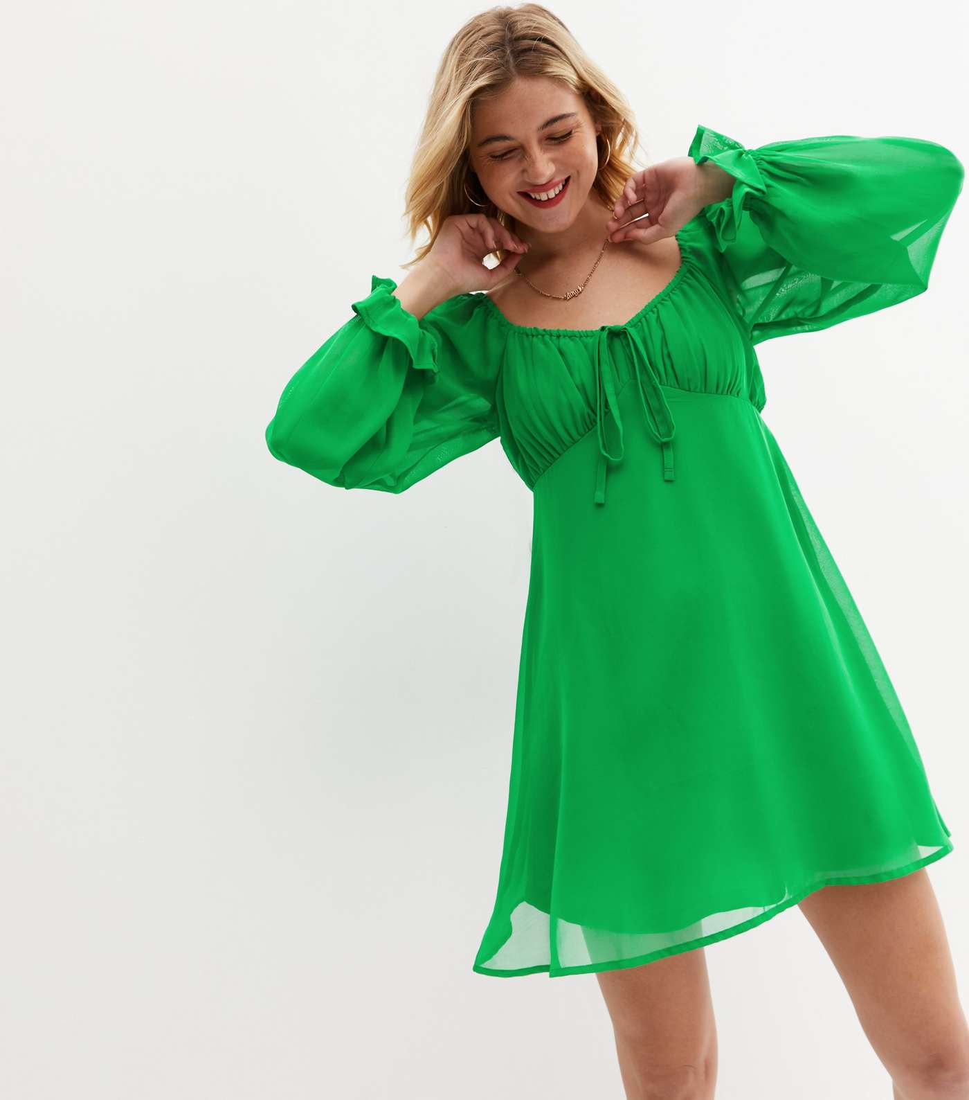 Green Chiffon Sweetheart Long Puff Sleeve Mini Dress
