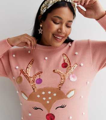 Curves Pink Knit Crew Neck Novelty Reindeer Christmas Jumper
