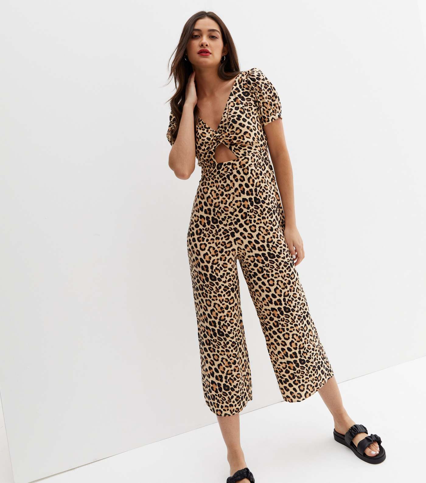 Brown Leopard Print Tie Back Wide Leg Crop Jumpsuit