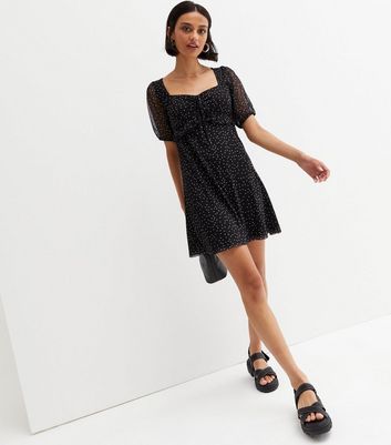 Black Spot Mesh Ruched Tie Front Square Neck Mini Dress