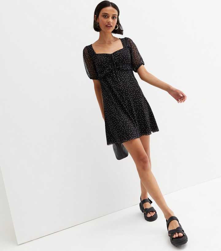 Black Spot Mesh Ruched Tie Front Square Neck Mini Dress | New Look