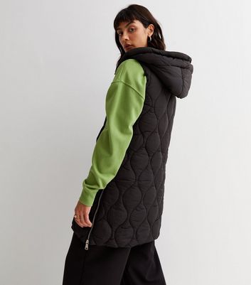 Blue Vanilla Black Wave Quilted Long Hooded Gilet New Look