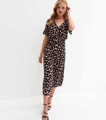 Black Floral Tie Front Wide Leg Crop Jumpsuit