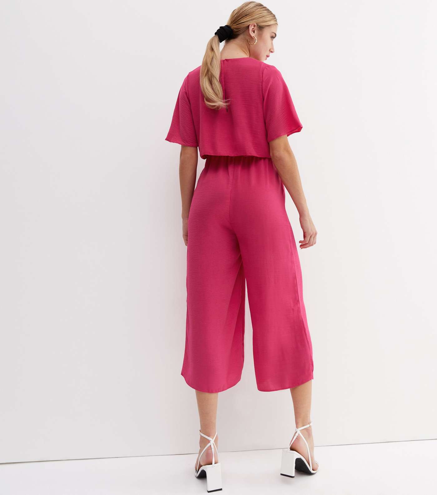 Bright Pink Short Flutter Sleeve Tie Front Wide Leg Crop Jumpsuit Image 4