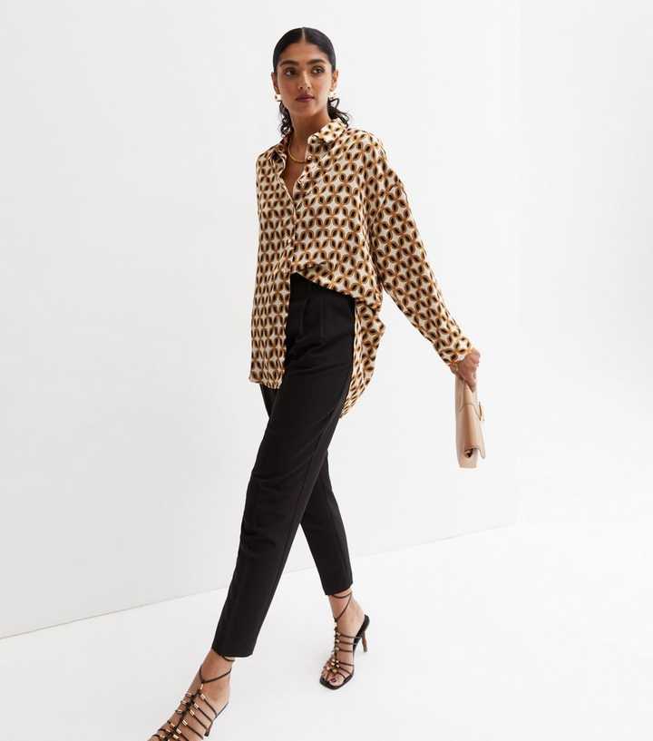 Brown Geometric Satin Long Sleeve Oversized Shirt