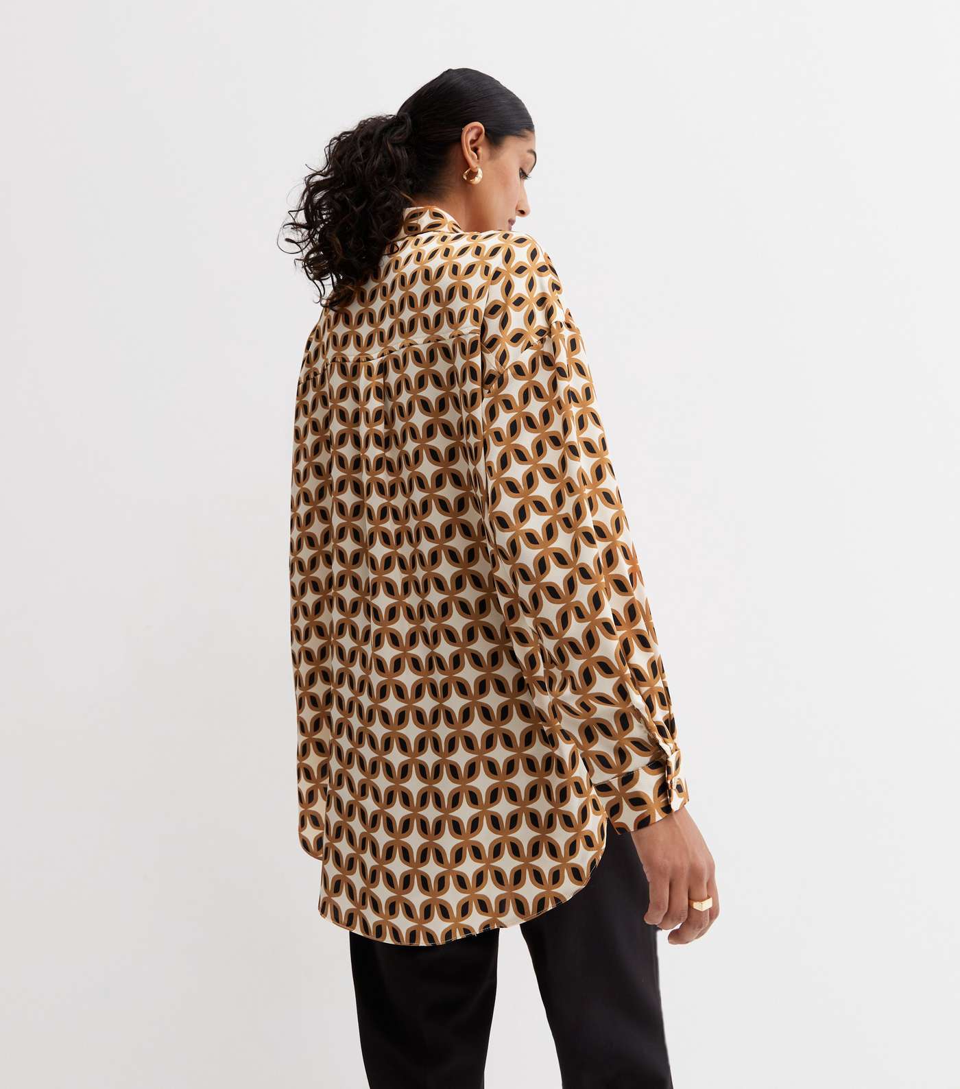 Brown Geometric Satin Long Sleeve Oversized Shirt Image 4