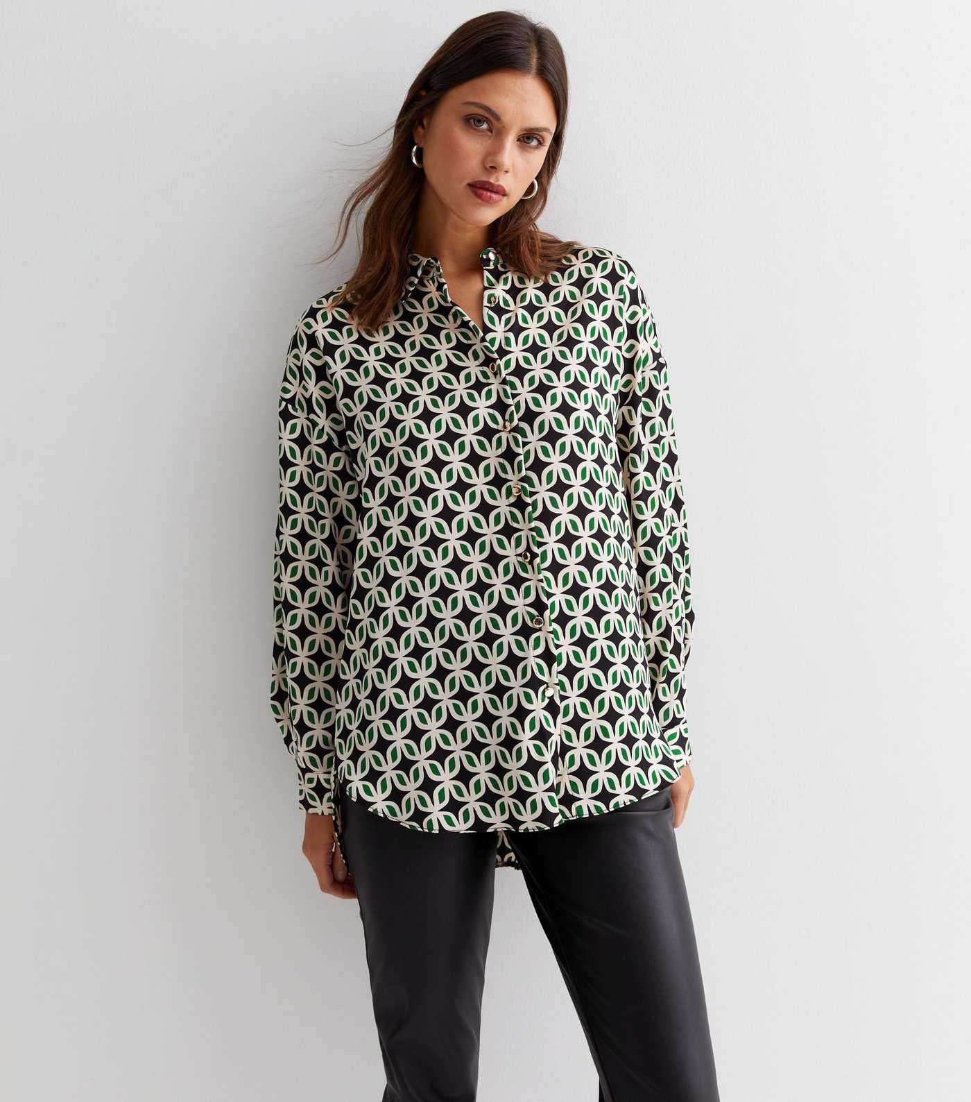 Green Geometric Satin Long Sleeve Oversized Shirt
