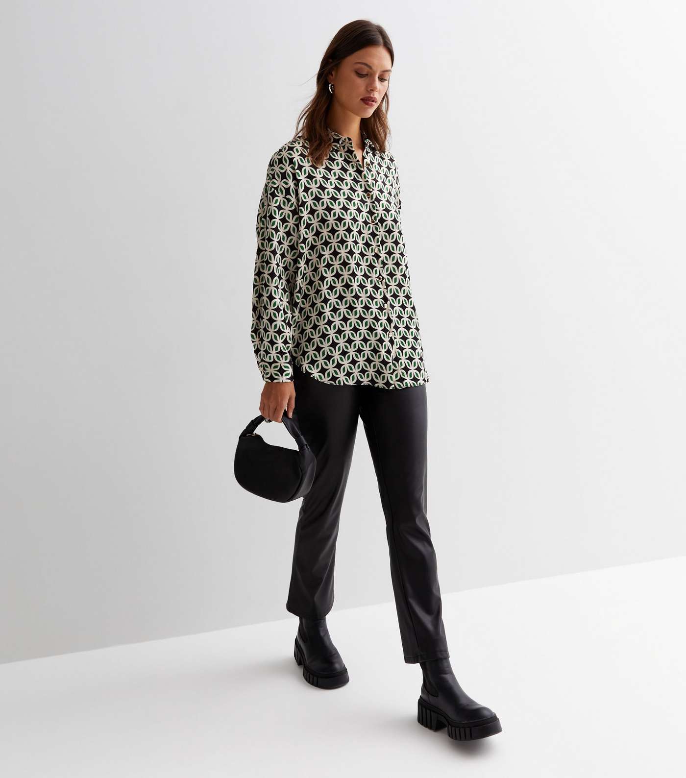 Green Geometric Satin Long Sleeve Oversized Shirt Image 3