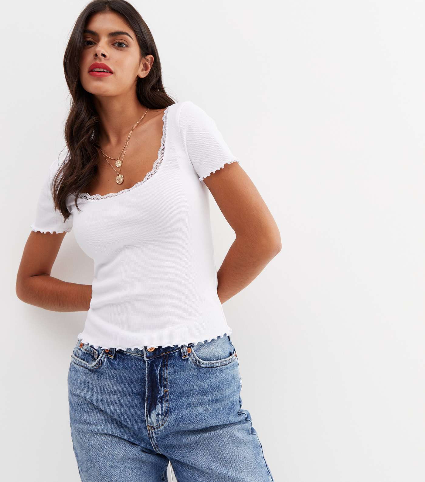 White Lace Trim Frill Scoop Neck T-Shirt