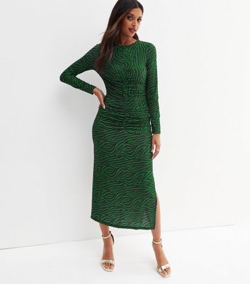 Green Zebra Print Long Sleeve Ruched Front Midi Dress