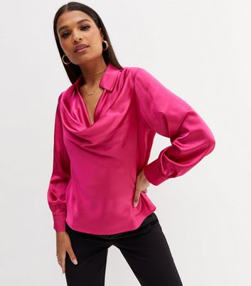 Bright Pink Satin Collared Cowl Neck Shirt | New Look