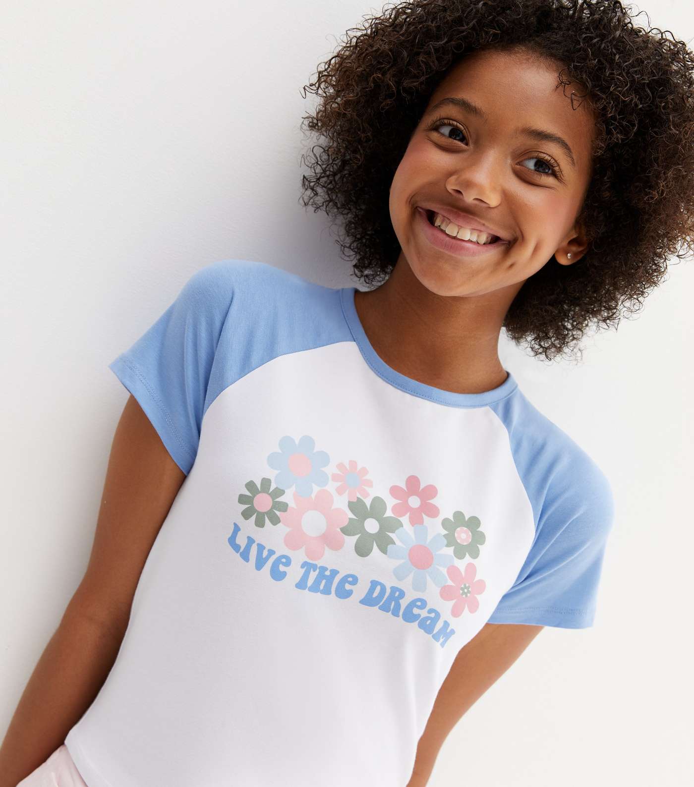 Girls Blue Flower Live the Dream Logo Raglan Sleeve T-Shirt