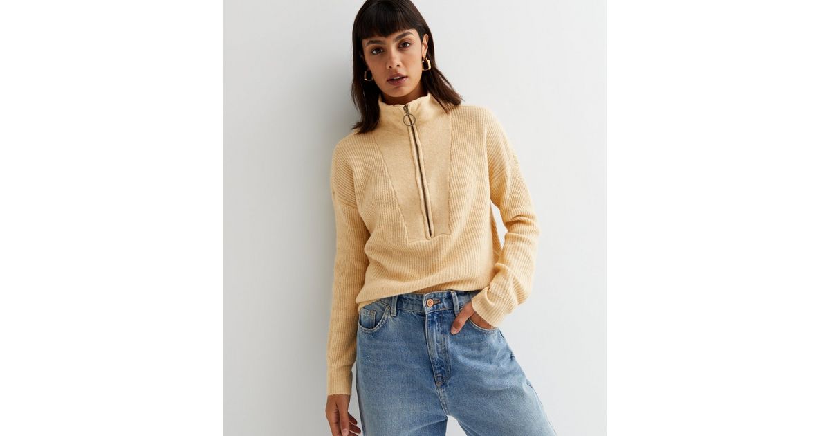 Noisy May Cream Ribbed Knit High Neck Zip Jumper New Look