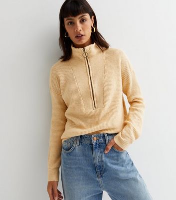 Noisy May Cream Ribbed Knit High Neck Zip Jumper | New Look