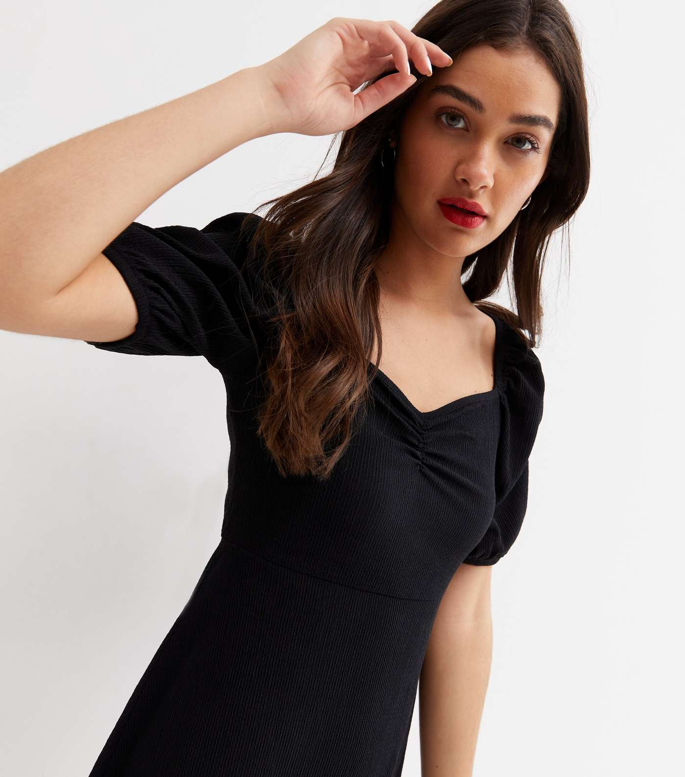 Black Textured Jersey Ruched Mini Dress Image 2