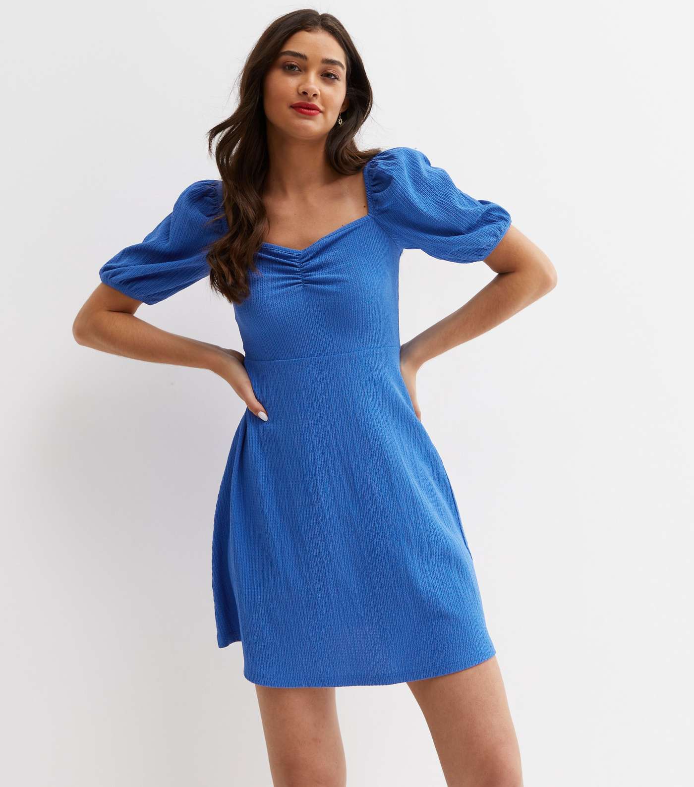 Bright Blue Textured Jersey Ruched Mini Dress