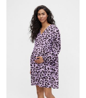 Mamalicious Maternity Purple Leopard Print Mini Nursing Dress