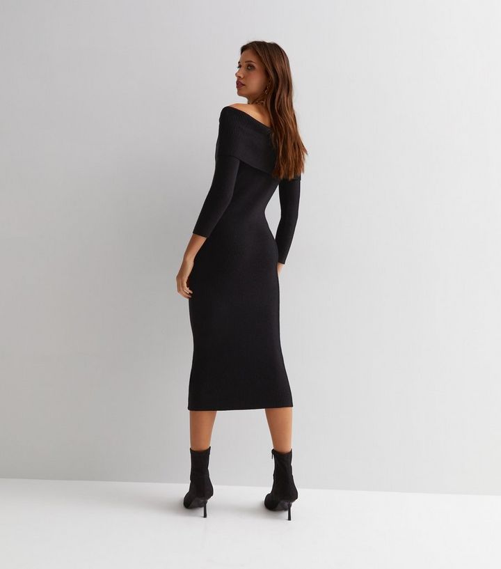 Black Ribbed Knit Bardot Long Sleeve Midi Bodycon Dress | New Look