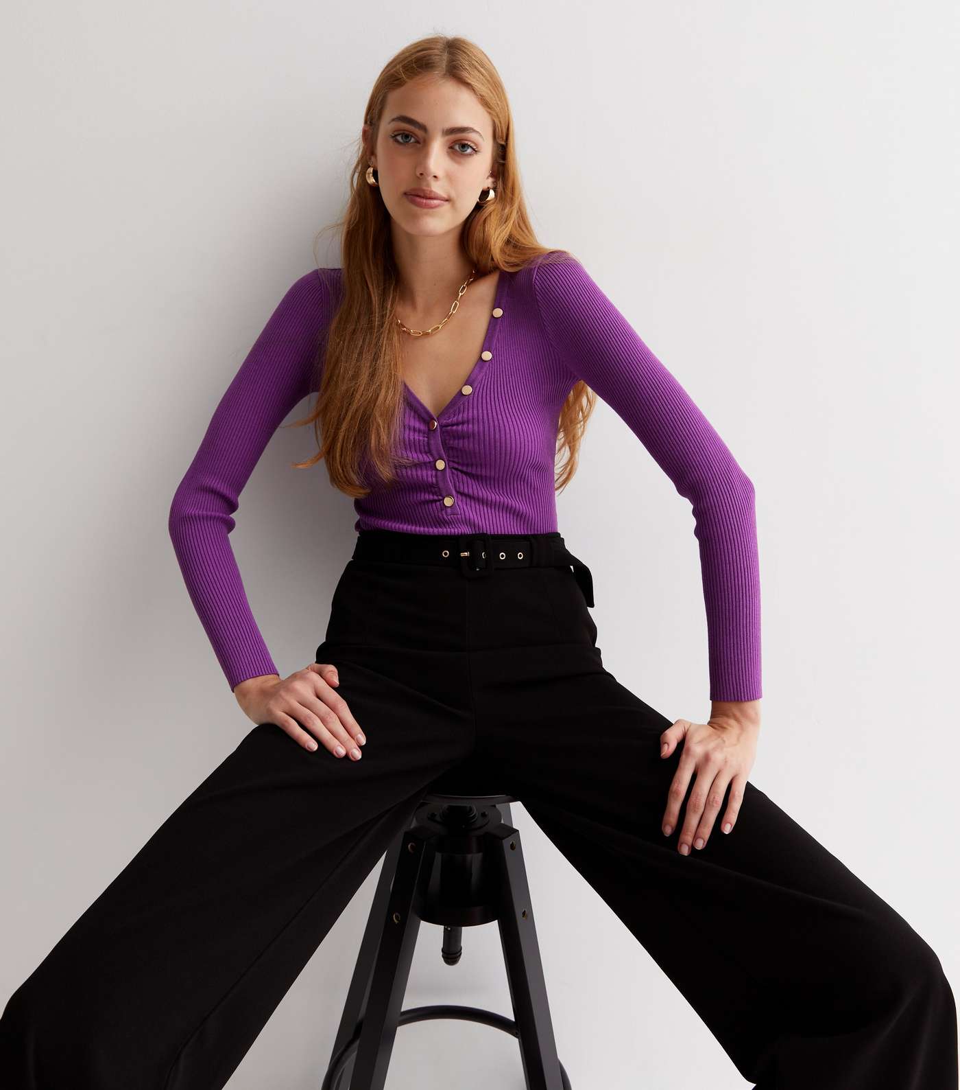 Dark Purple Ribbed Knit Ruched Button Front Bodysuit Image 3