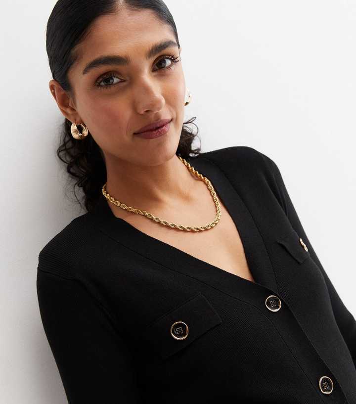 Black Ribbed V Neck Button Front Padded Shoulder Cardigan