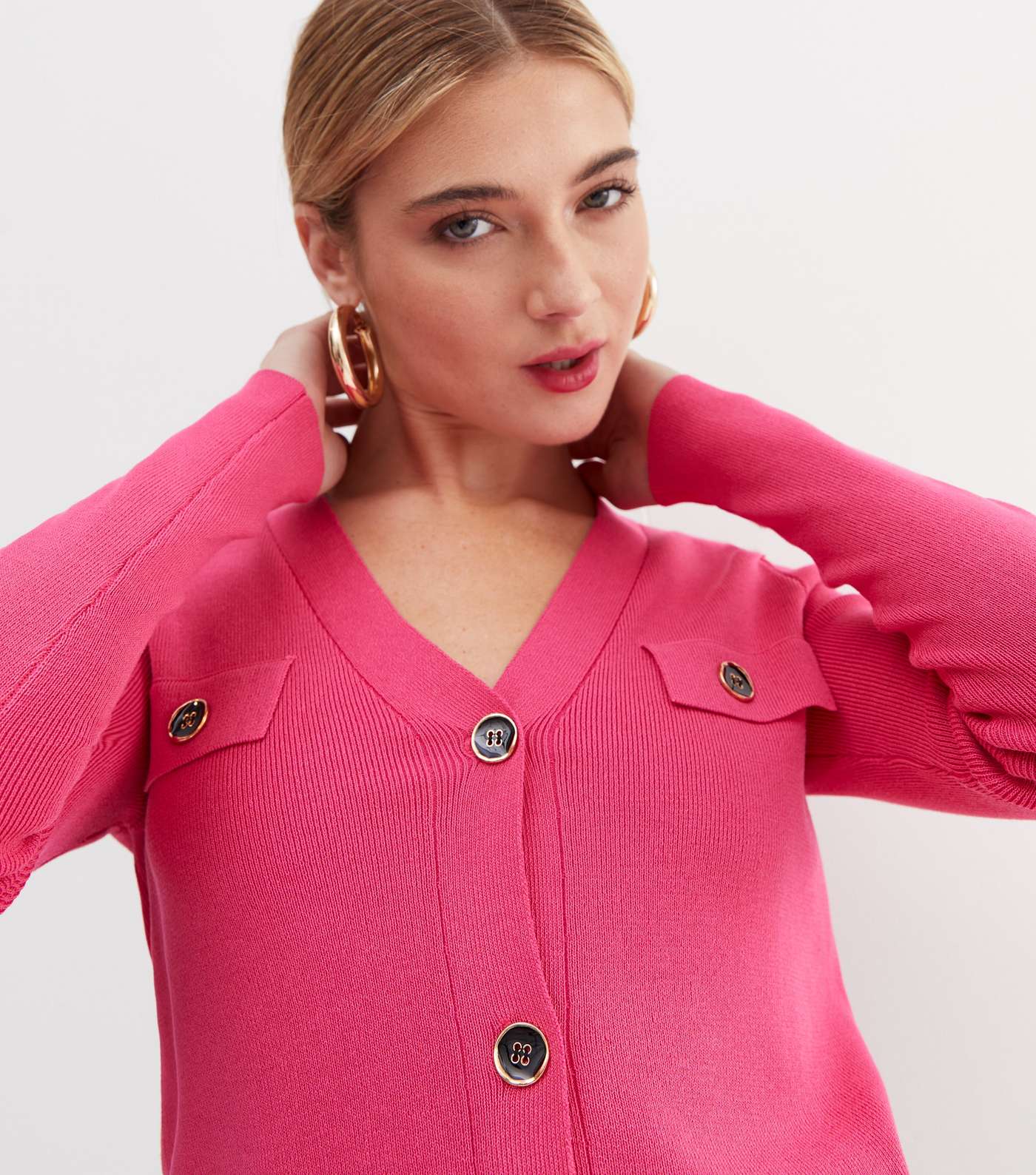 Bright Pink Ribbed V Neck Button Front Padded Shoulder Cardigan Image 3