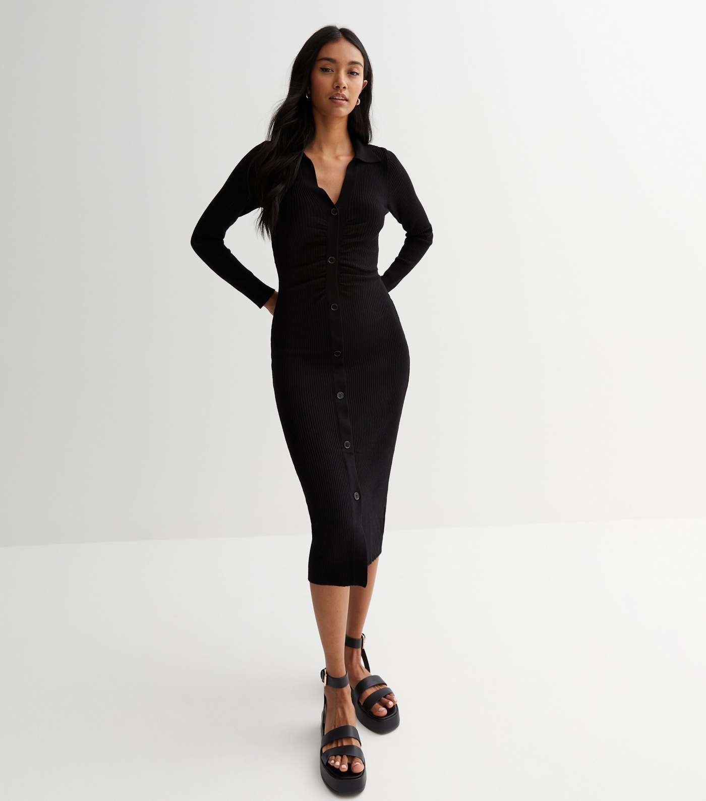 Black Ribbed Knit Button Front Midi Polo Dress Image 2