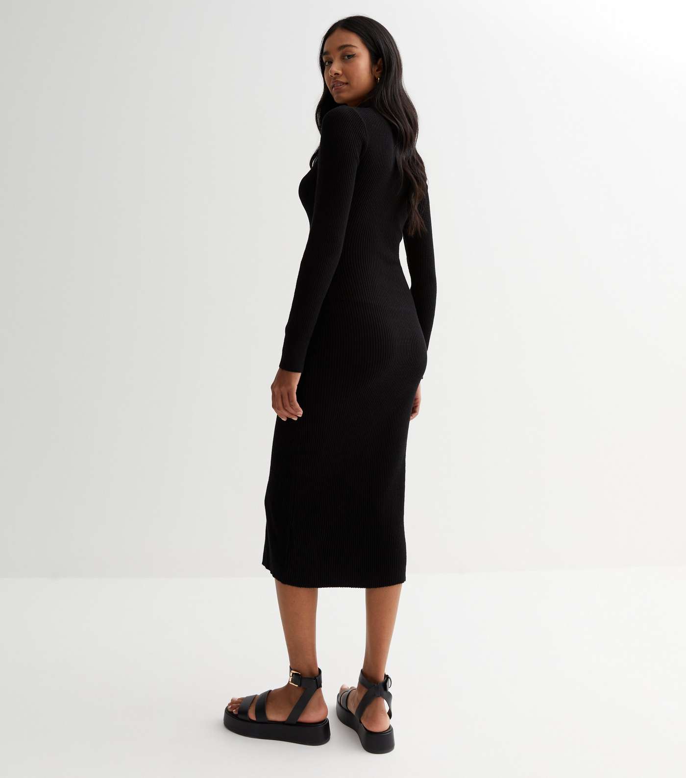 Black Ribbed Knit Button Front Midi Polo Dress Image 4