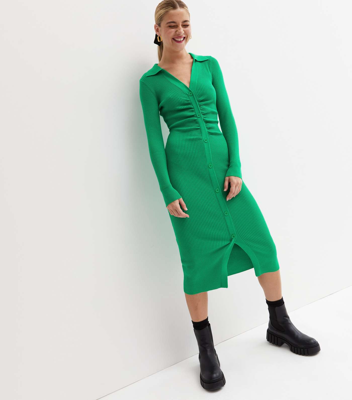 Green Ribbed Knit Button Front Midi Polo Dress Image 3