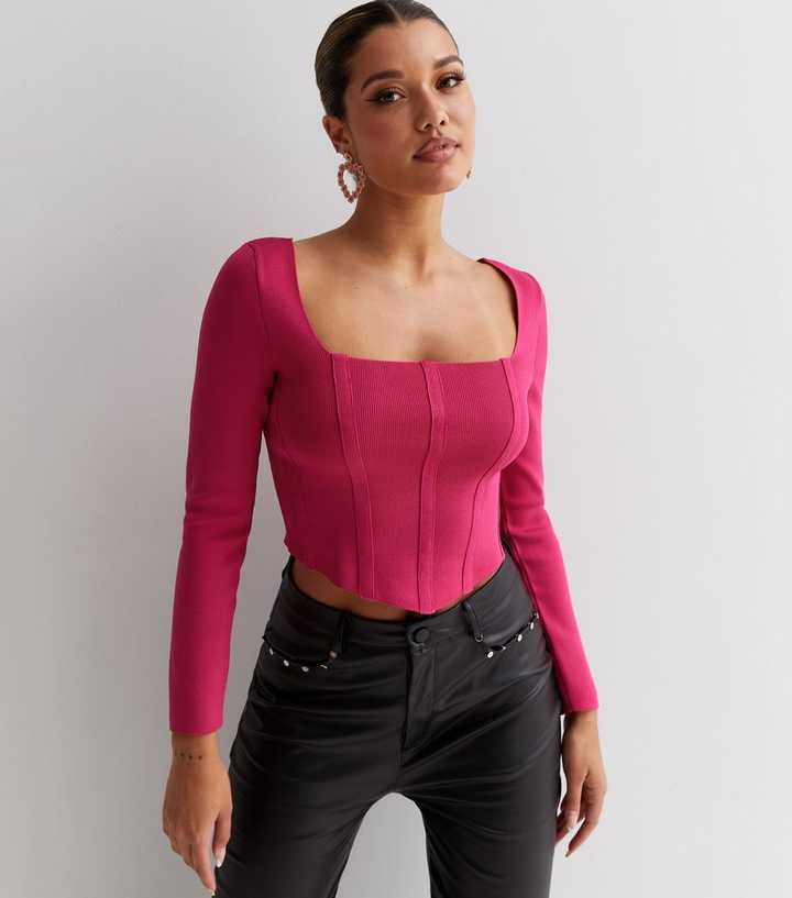 Mid Pink Ribbed Knit Long Sleeve Corset Top