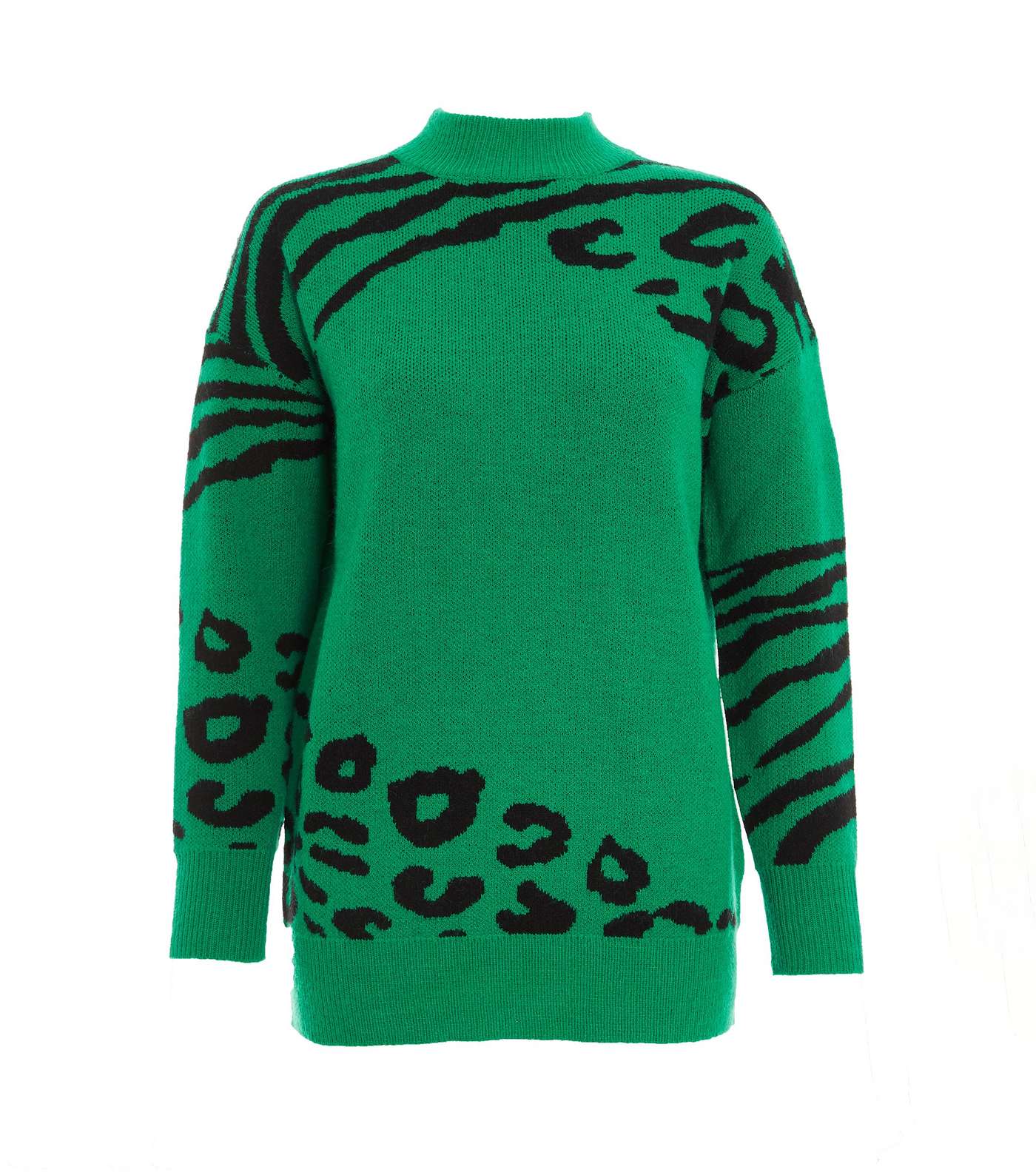 QUIZ Dark Green Animal Print Knit High Neck Jumper Image 4