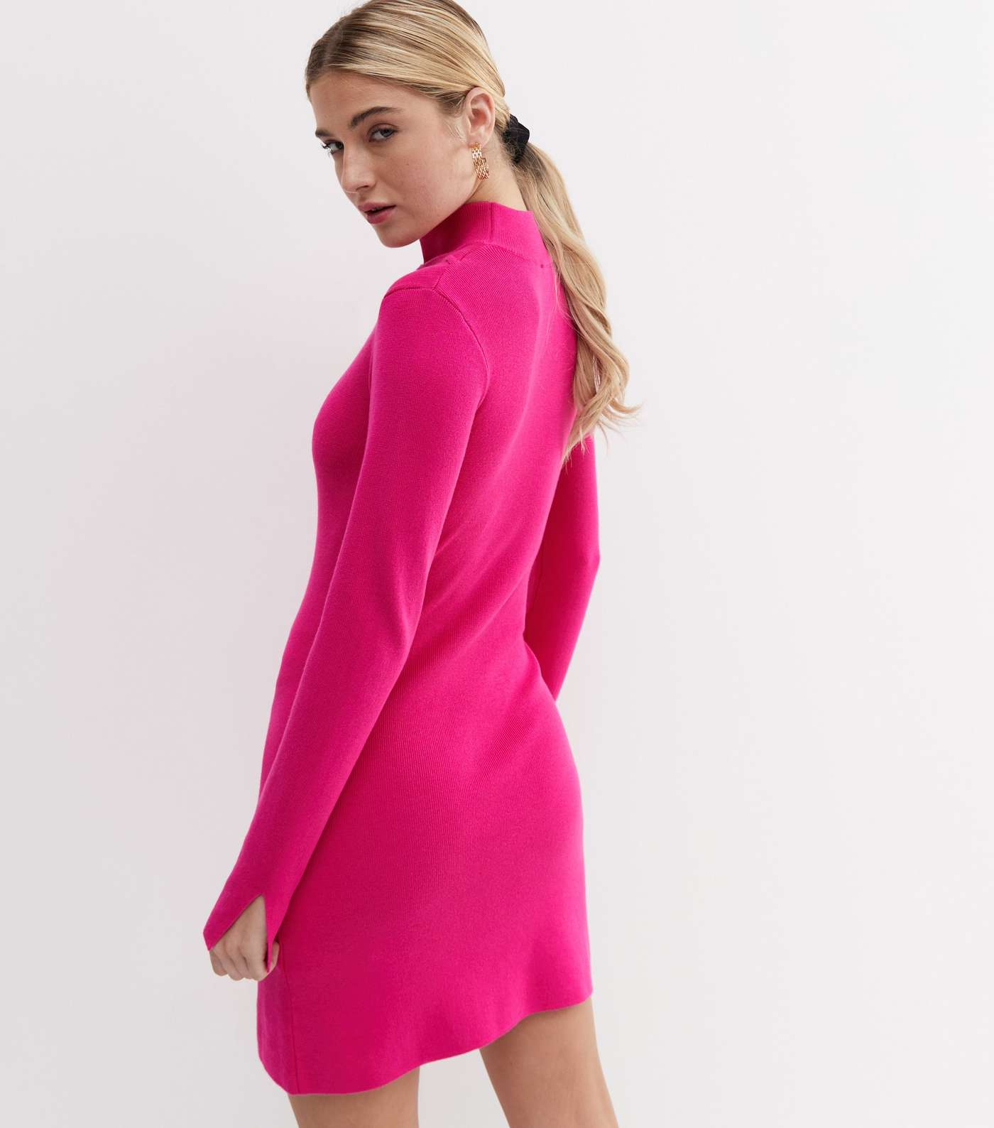 Bright Pink Ribbed Knit High Neck Long Sleeve Cut Out Mini Dress Image 4