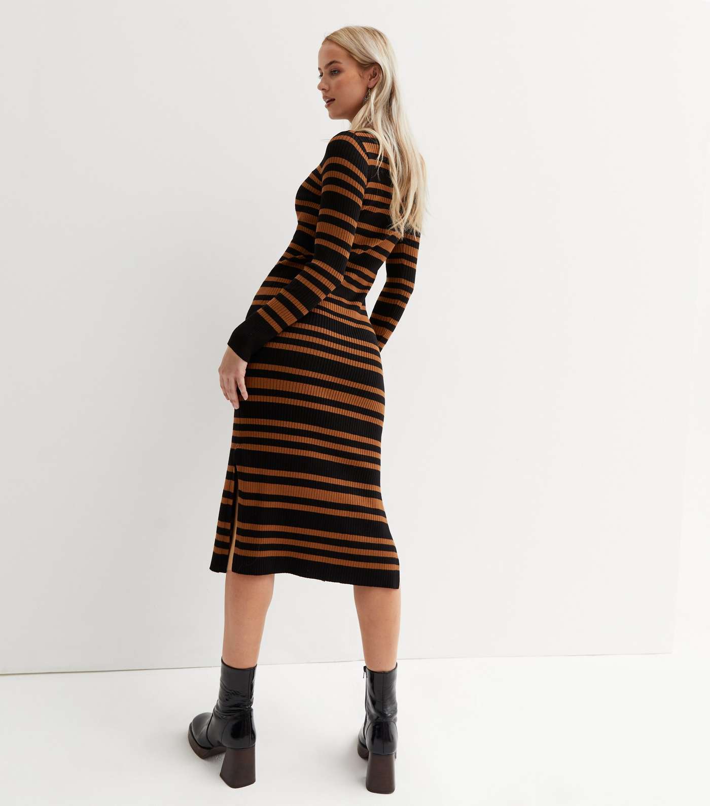 Brown Stripe Ribbed Split Hem Midi Dress Image 4