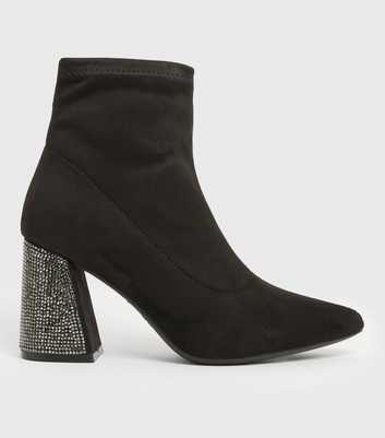 Black Suedette Pointed Flared Diamanté Block Heel Ankle Boots