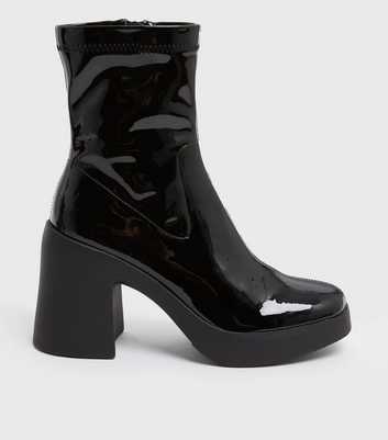 Black Patent Chunky Block Heel Sock Boots