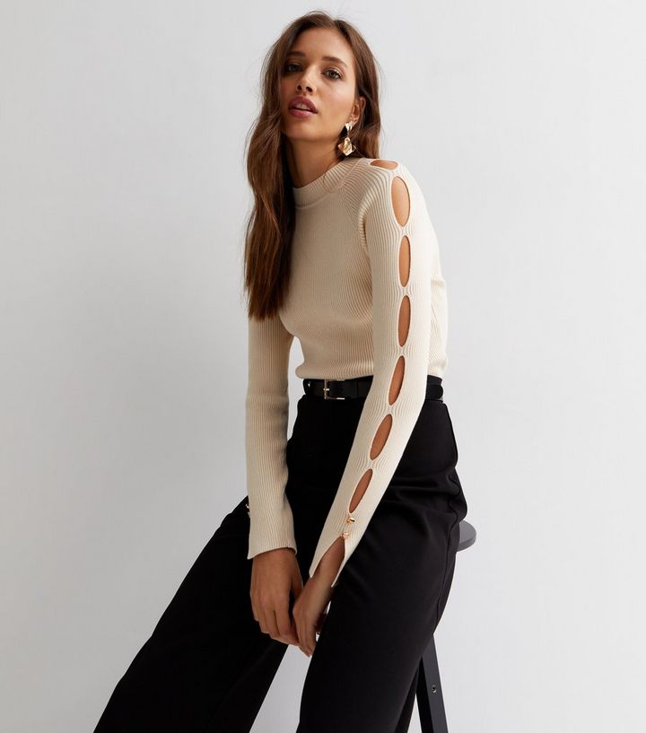 newlook.com | Cream Ribbed Knit Cut Out Long Sleeve Jumper