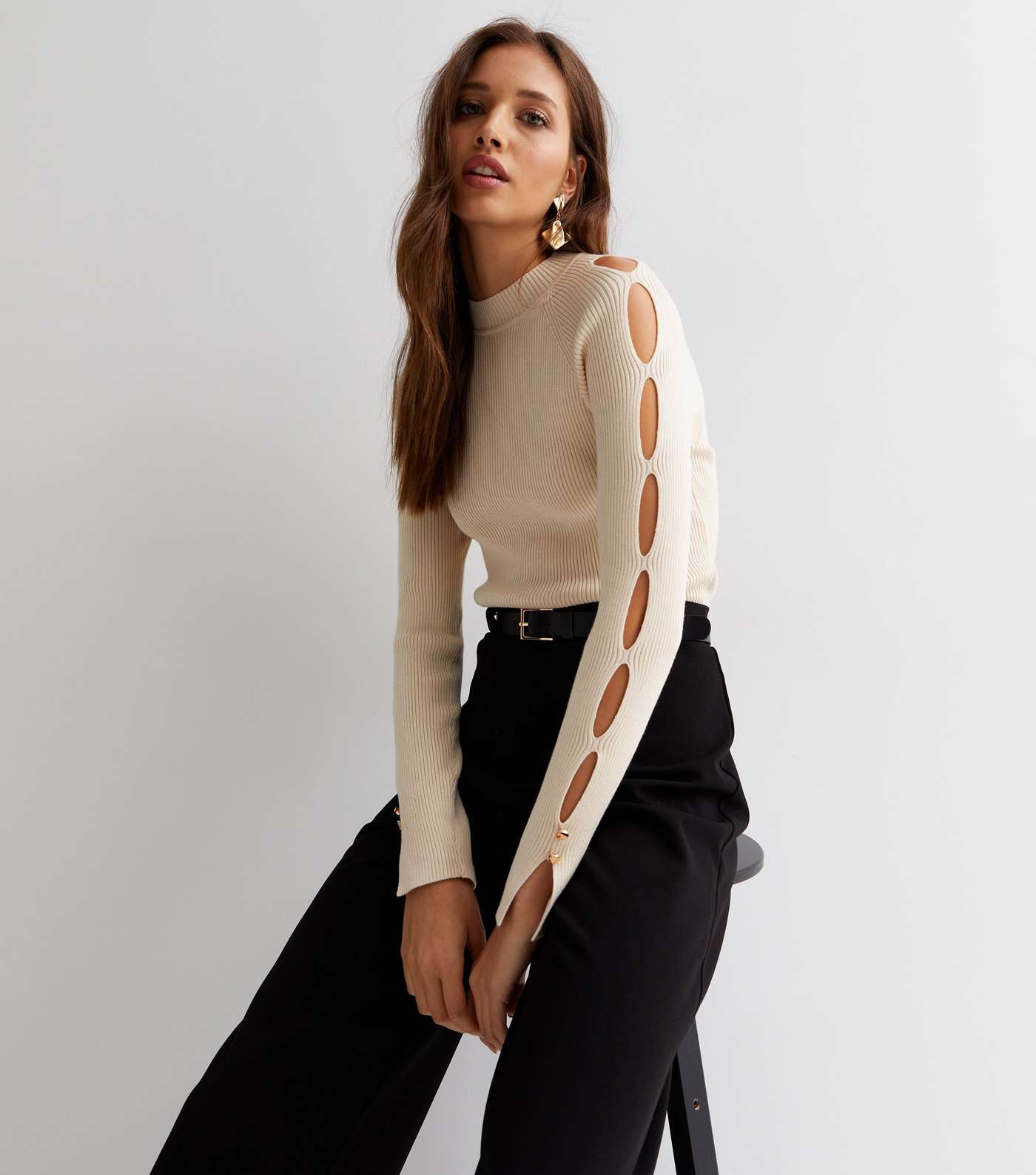 Cream Ribbed Knit Cut Out Long Sleeve Jumper