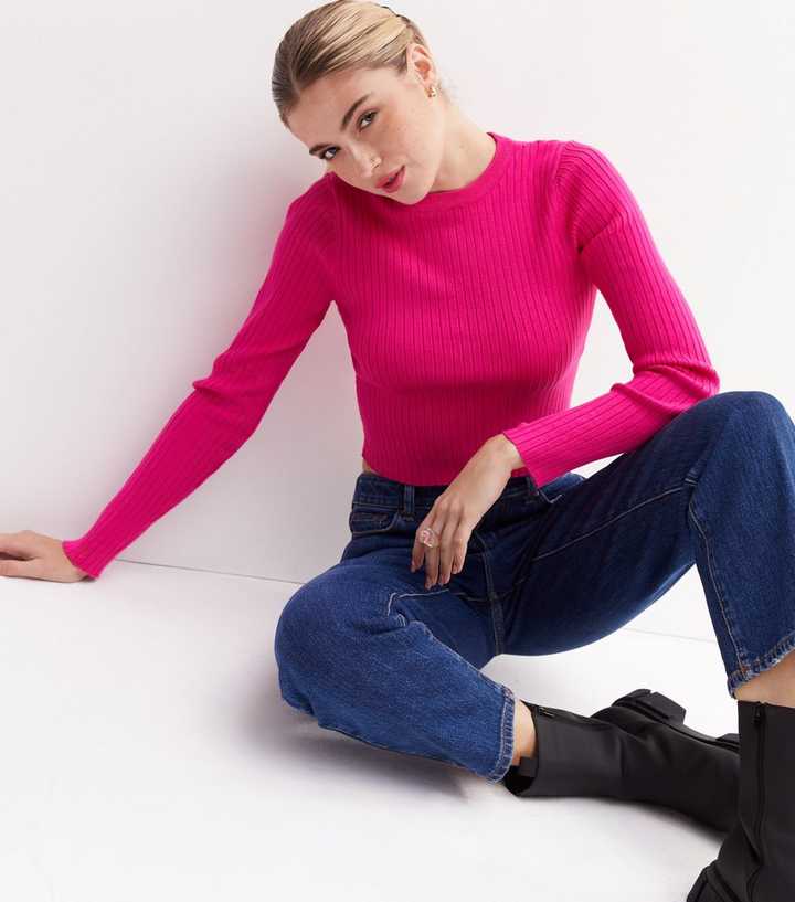 Hot Pink Roll Neck Cropped Knit Sweater