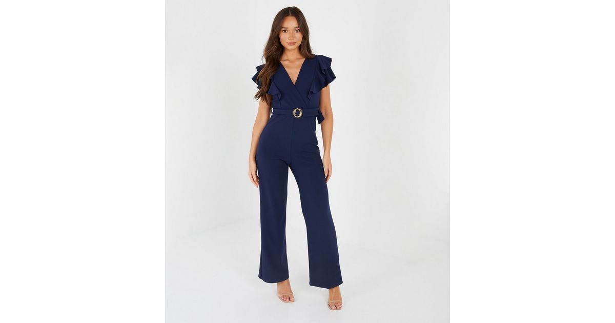 QUIZ Navy V Neck Frill Sleeve Belted Jumpsuit New Look
