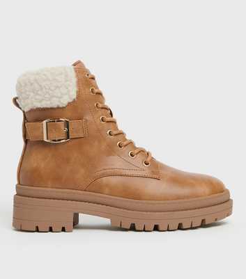 Tan Faux Shearling Trim Lace Up Chunky Boots